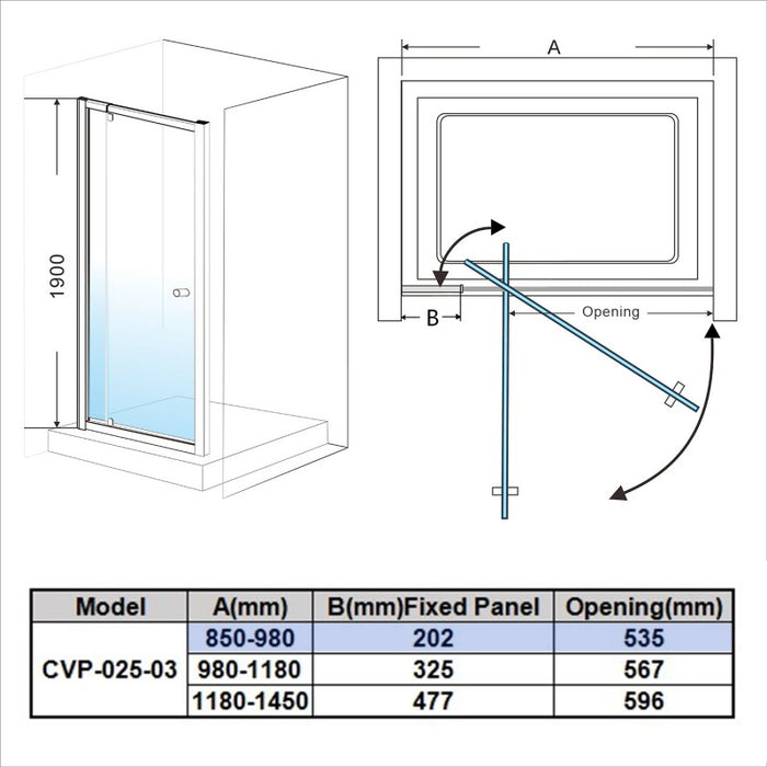 750 - 1450 x (900/1000) Framed Square Adjustable Shower Screen - Acqua Bathrooms