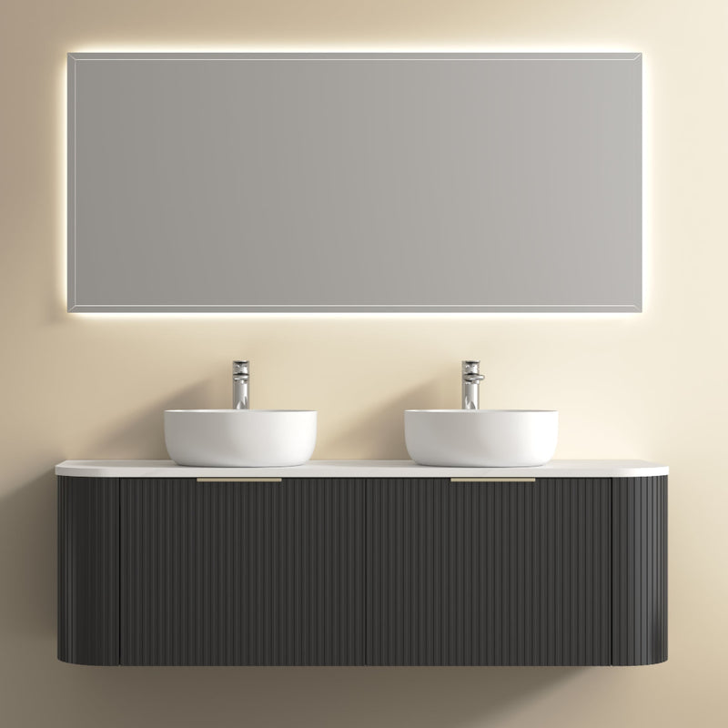 Ronda 1500 Curved Double Matte Black Fluted Wall Hung Vanity - Acqua Bathrooms
