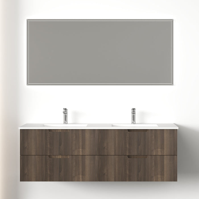 Kelsa 1500 Fluted Walnut Double Bowl Wall Hung Vanity