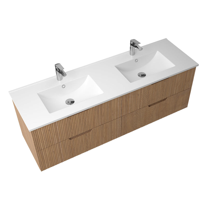 Kelsa 1500 Fluted Desert Oak Double Bowl Wall Hung Vanity - Acqua Bathrooms
