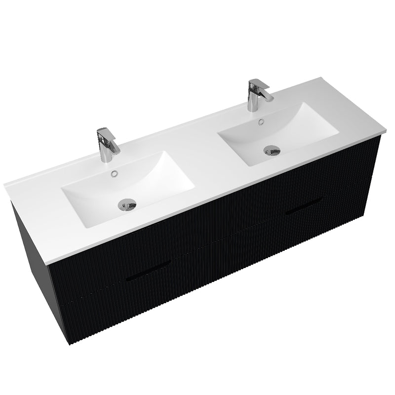 Kelsa 1500 Double Fluted Matte Black Wall Hung Vanity - Acqua Bathrooms