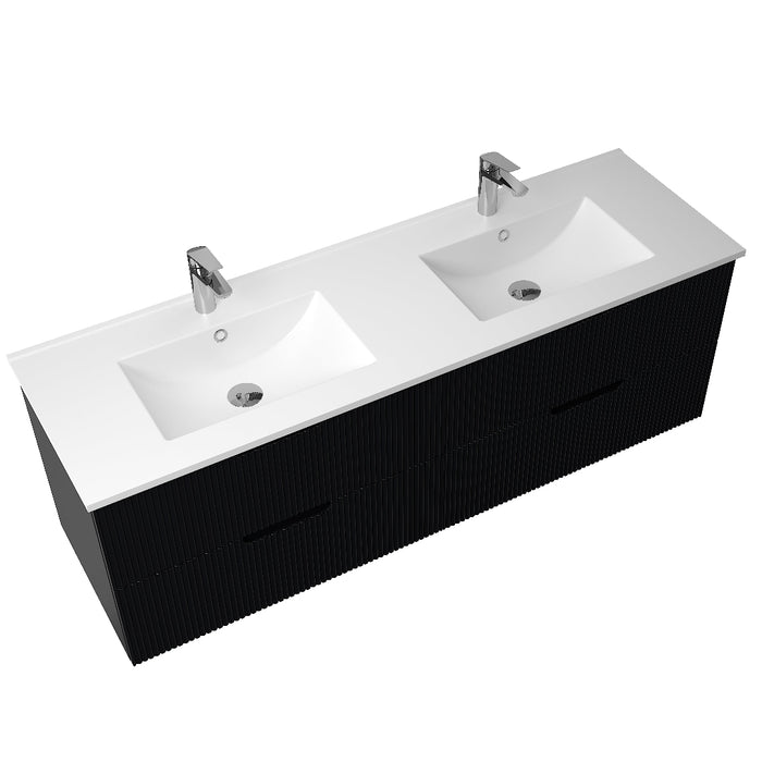 Kelsa 1500 Double Fluted Matte Black Wall Hung Vanity - Acqua Bathrooms