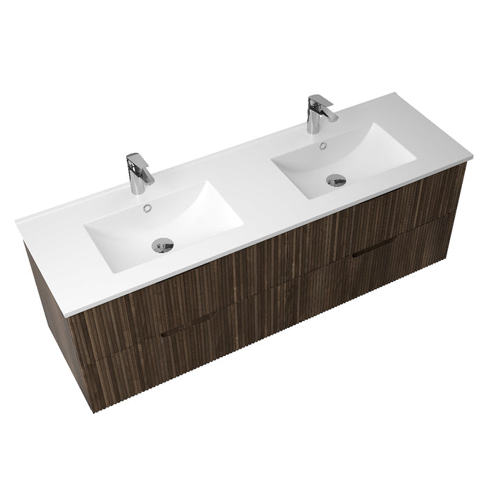 Kelsa 1500 Fluted Walnut Double Bowl Wall Hung Vanity