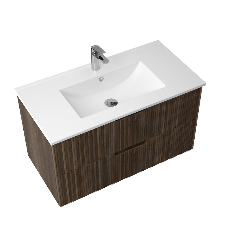 Kelsa 900 Fluted Walnut Wall Hung Vanity - Acqua Bathrooms