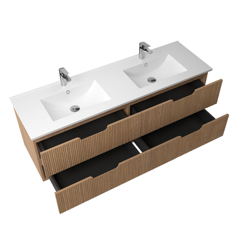 Kelsa 1500 Fluted Desert Oak Double Bowl Wall Hung Vanity - Acqua Bathrooms