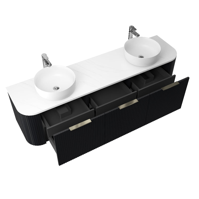 Ronda 1800 Curved Double Matte Black Fluted Wall Hung Vanity