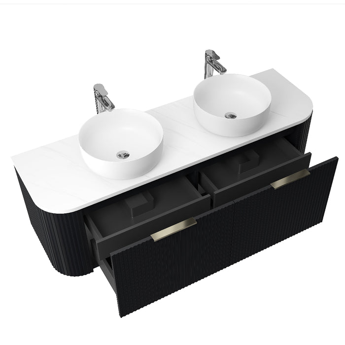 Ronda 1500 Curved Double Matte Black Fluted Wall Hung Vanity - Acqua Bathrooms
