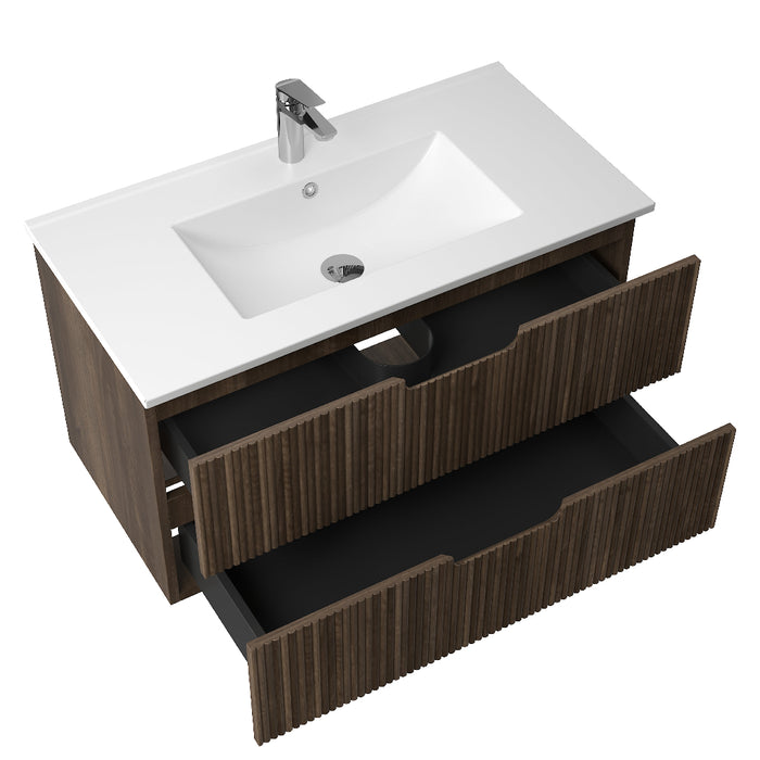 Kelsa 900 Fluted Walnut Wall Hung Vanity - Acqua Bathrooms