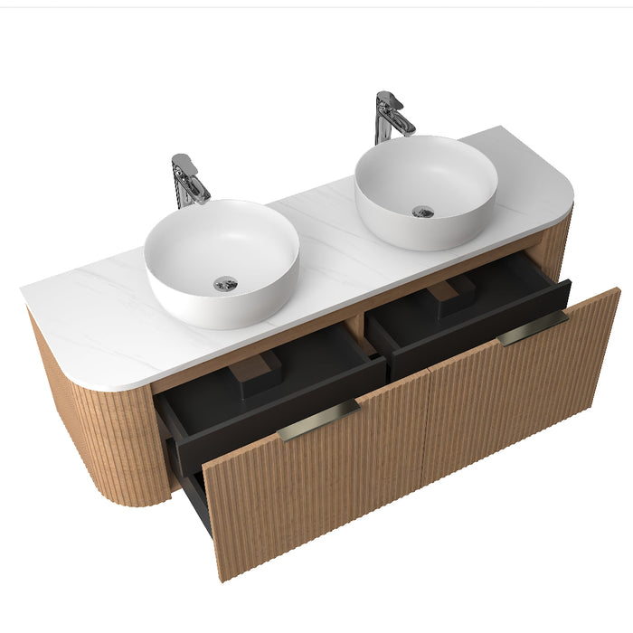 Ronda 1500 Curved Double Desert Oak Fluted Wall Hung Vanity - Acqua Bathrooms