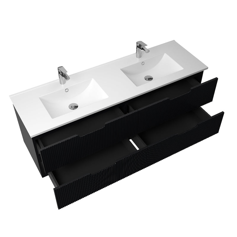 Kelsa 1500 Double Fluted Matte Black Wall Hung Vanity - Acqua Bathrooms