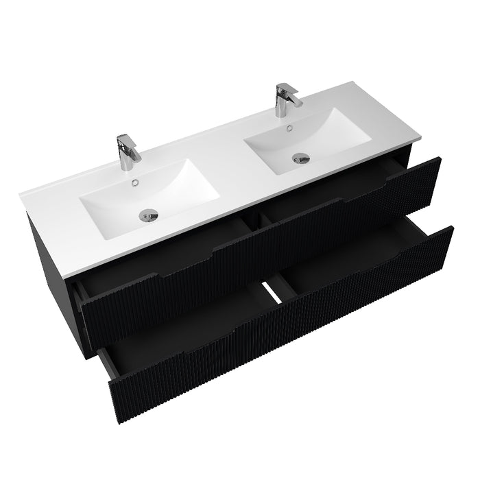 Kelsa 1500 Double Fluted Matte Black Wall Hung Vanity - Acqua Bathrooms