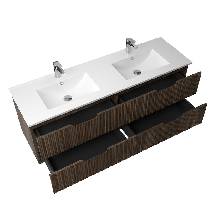 Kelsa 1500 Fluted Walnut Double Bowl Wall Hung Vanity