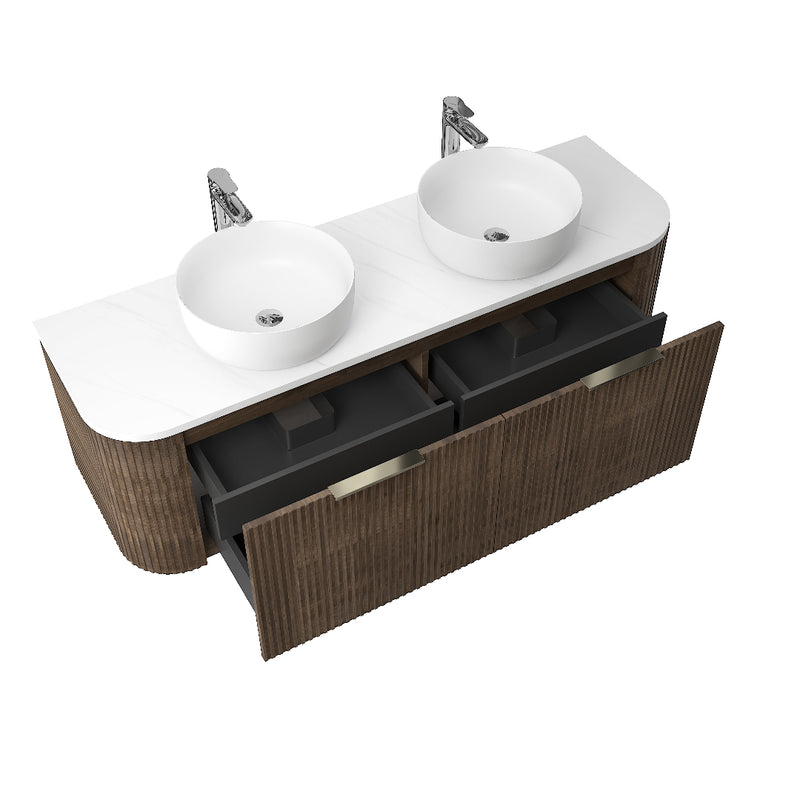 Ronda 1500 Curved Double Walnut Fluted Wall Hung Vanity