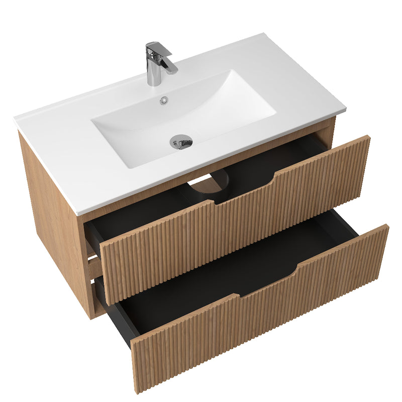 Kelsa 900 Fluted Desert Oak Wall Hung Vanity - Acqua Bathrooms