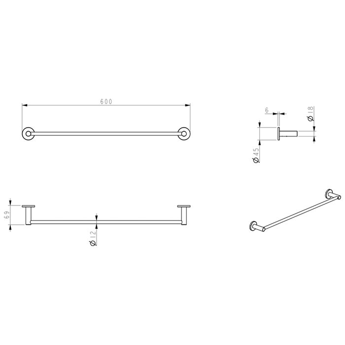 Mica French Gold Single Towel Rail - 600mm
