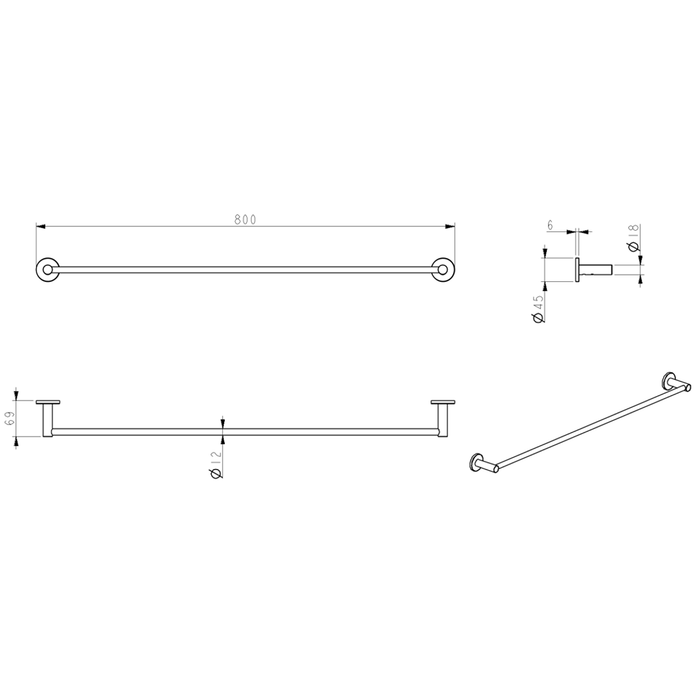 Mica Brushed Nickel Single Towel Rail - 800mm