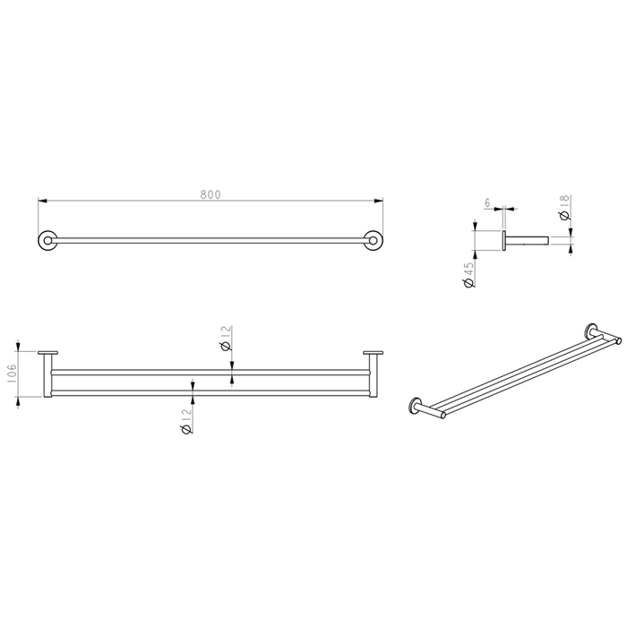 Mica Brushed Nickel Double Towel Rail - 800mm