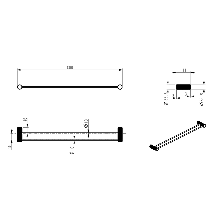 Mica Fluted Brushed Nickel Double Towel Rail - 800mm