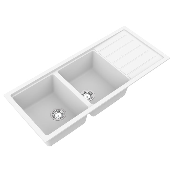 Avella 1160mm Matte White Double Bowl Granite Kitchen Sink With Drainer