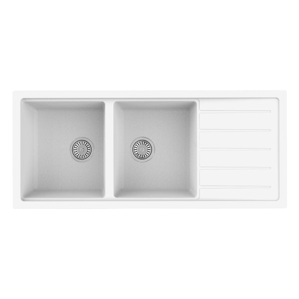 Avella 1160mm Matte White Double Bowl Granite Kitchen Sink With Drainer