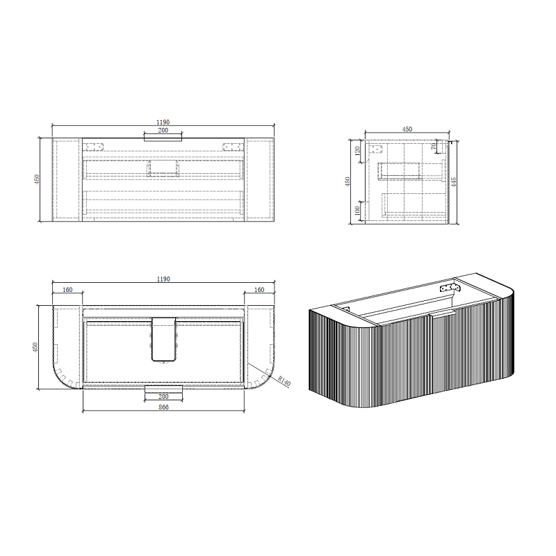 Curva 1200 Curved White Oak Fluted Wall Hung Vanity - Acqua Bathrooms