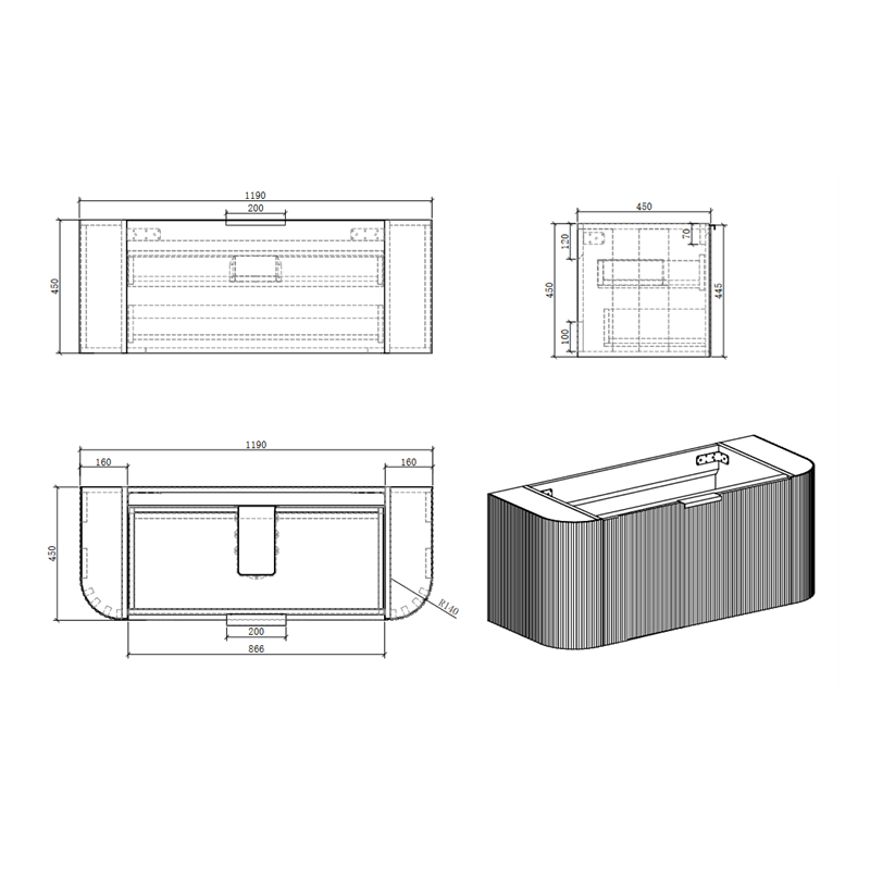 Curva 1200 Curved Matte Black Fluted Wall Hung Vanity - Acqua Bathrooms
