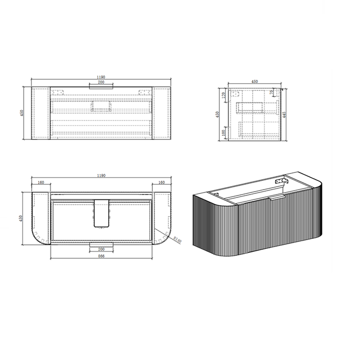 Ronda 1200 Curved Matte Black Fluted Wall Hung Vanity | Acqua Bathrooms