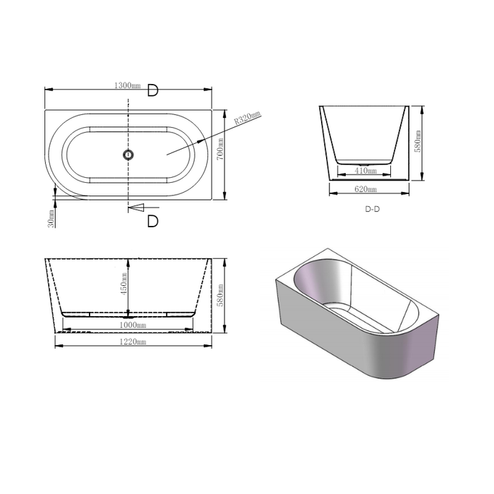 Marco 1300 Gloss White Left Corner Fit Freestanding Bath Tub
