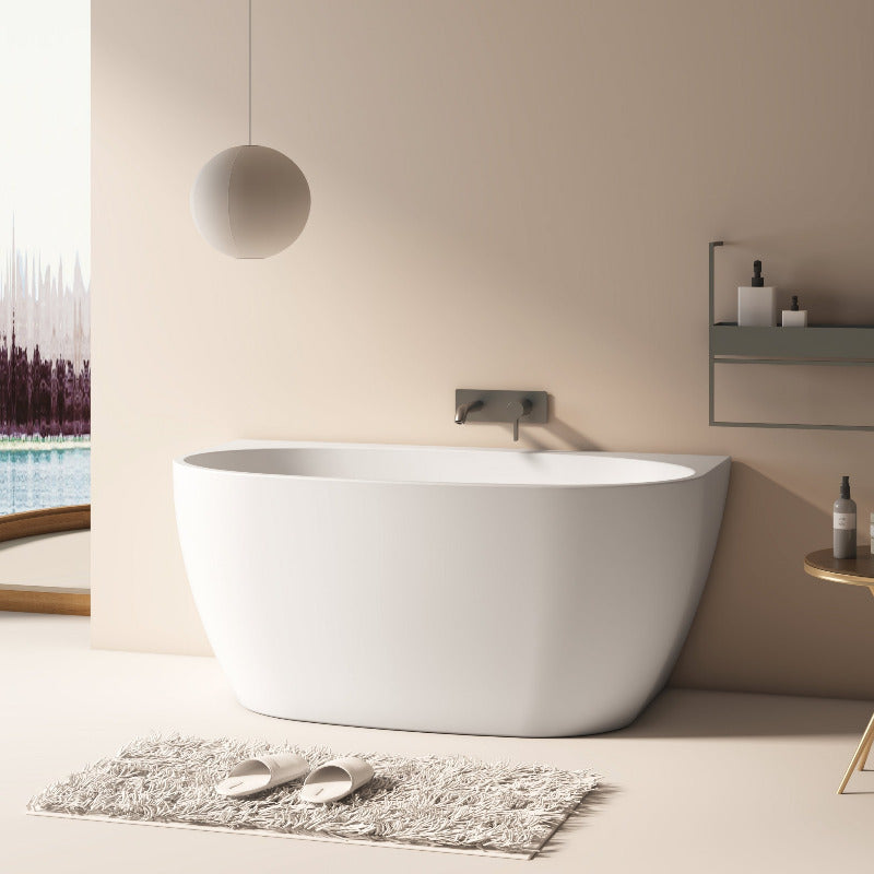 Delta 1300mm Matte White Back to Wall Oval Freestanding Bath Tub - Acqua Bathrooms