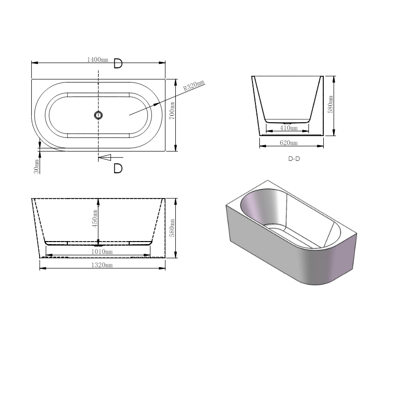 Marco 1400 Gloss White Left Corner Fit Freestanding Bath Tub