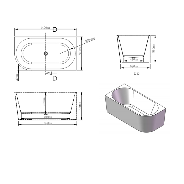 Marco 1400 Gloss White Left Corner Fit Freestanding Bath Tub