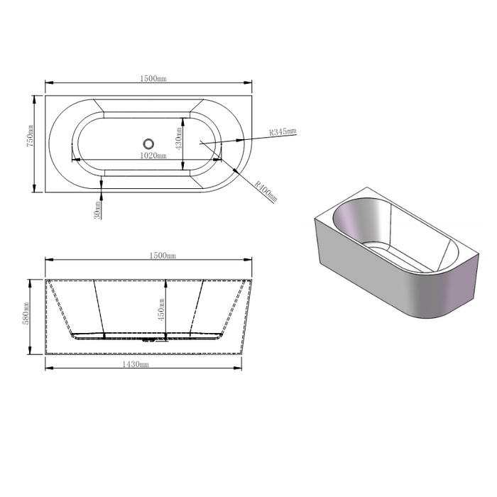 Marco 1500 Gloss White Left Corner Fit Freestanding Bath Tub