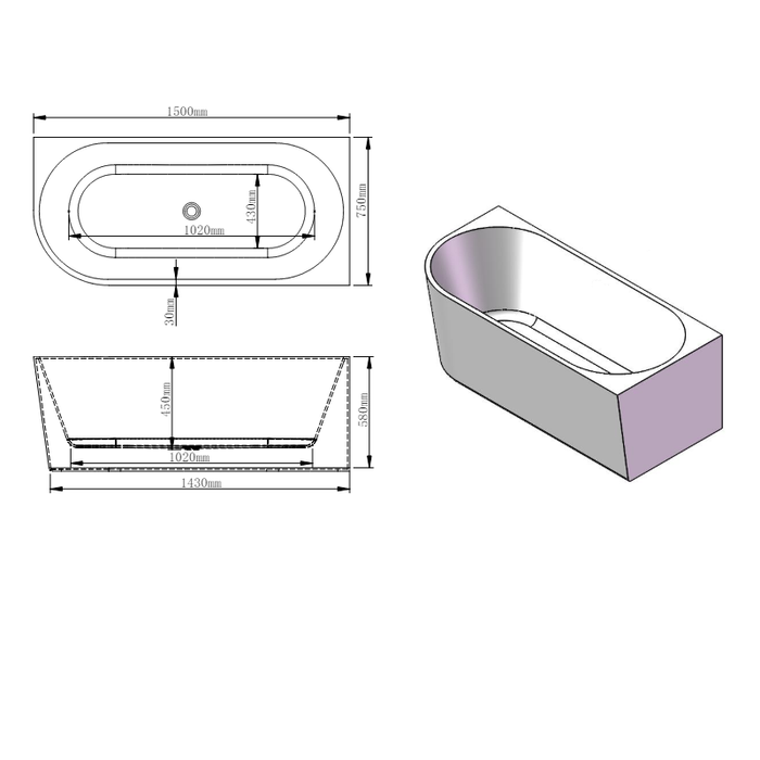 Marco 1500 Gloss White Right Corner Fit Freestanding Bath Tub