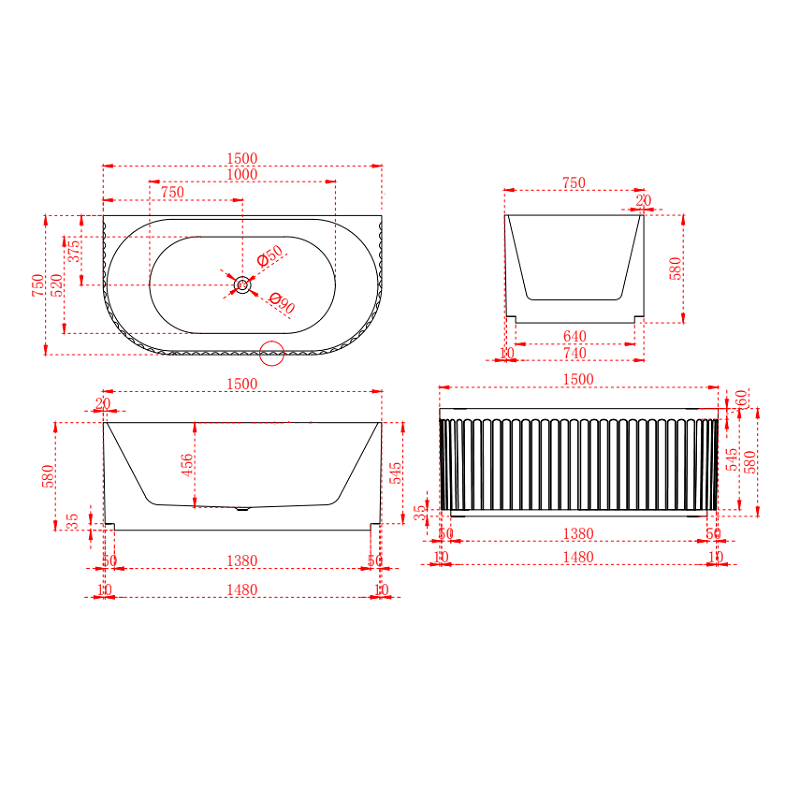 Artemis Fluted 1500mm Matte White Back to Wall Designer Round Freestanding Bath - Acqua Bathrooms