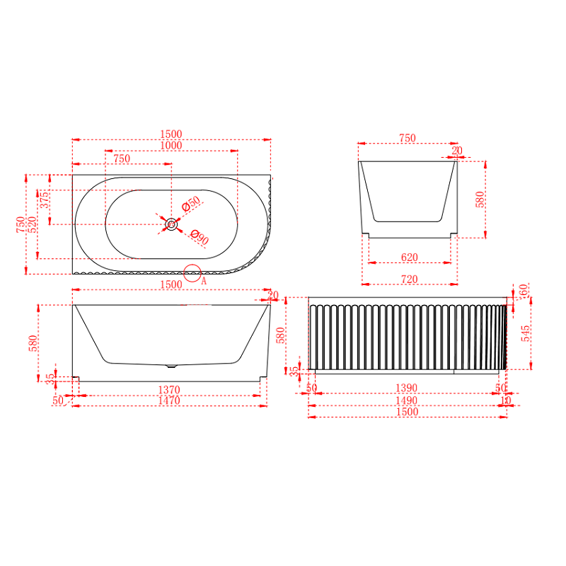 Artemis Fluted 1500mm Matte White Corner Fit Designer Round Freestanding Bath - Acqua Bathrooms