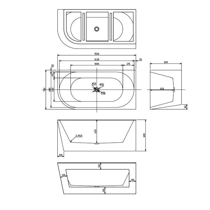 Cascade 1500mm Matte White Right Corner Fit Freestanding Bath Tub - Acqua Bathrooms