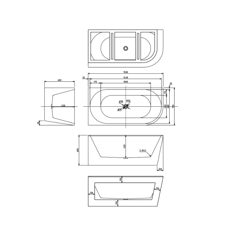 Cascade 1500mm Matte White Left Corner Fit Freestanding Bath Tub - Acqua Bathrooms