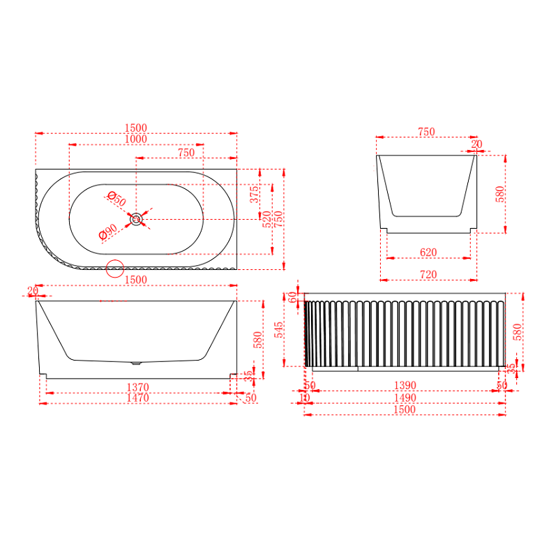 Artemis Fluted 1500mm Matte White Corner Fit Designer Round Freestanding Bath - Acqua Bathrooms
