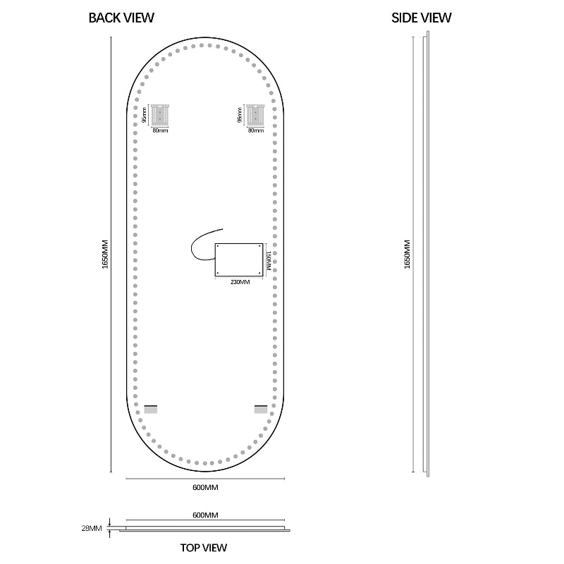 Oval 600 x 1650 LED Mirror - Three Light Temperatures - Acqua Bathrooms