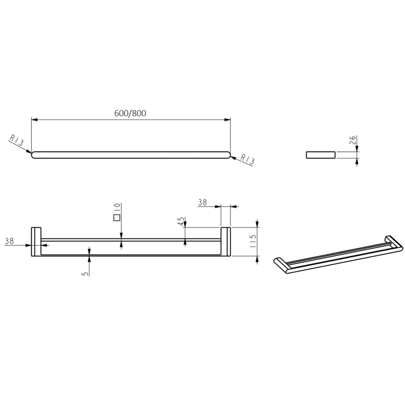 Beki / Lantra Gun Metal Double Towel Rail - 600mm