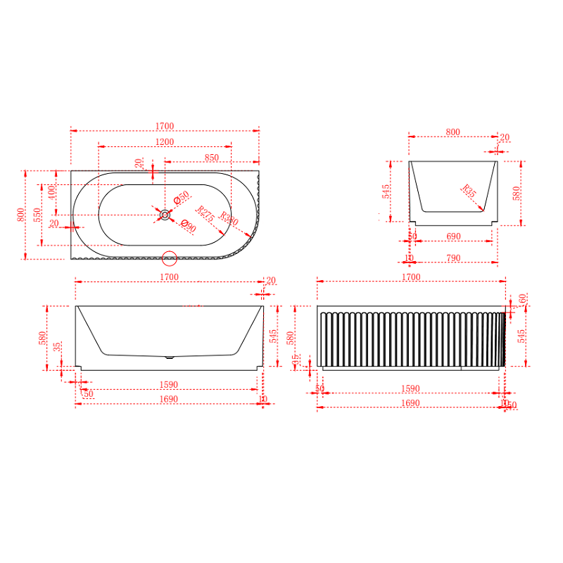 Artemis Fluted 1700mm Matte White Corner Fit Designer Round Freestanding Bath - Acqua Bathrooms