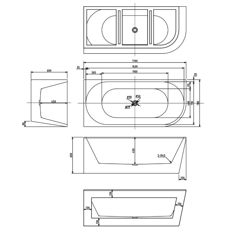 Cascade 1700mm Matte White Left Corner Fit Freestanding Bath Tub - Acqua Bathrooms