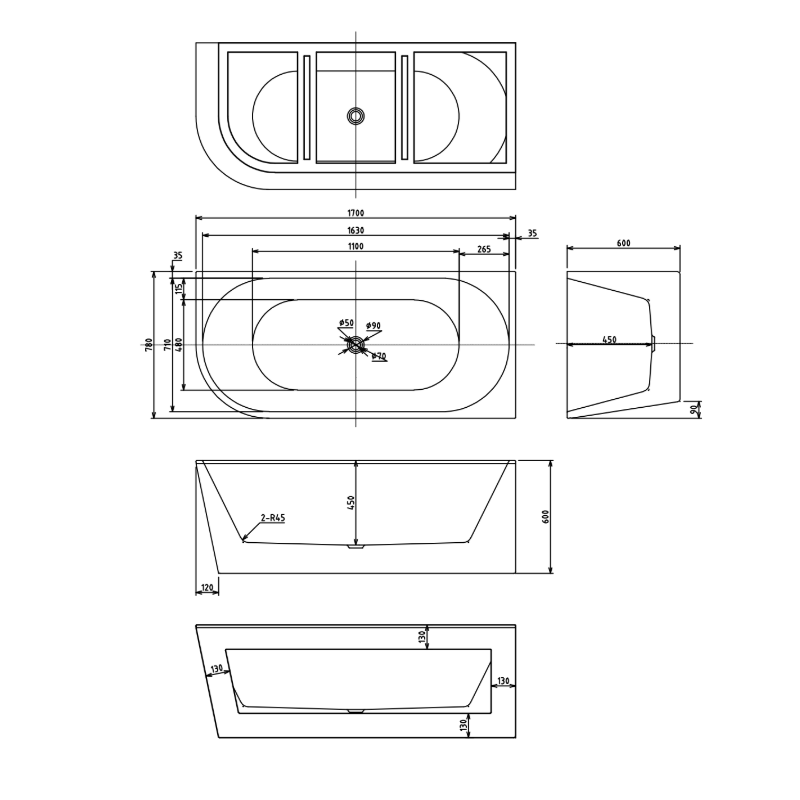 Cascade 1700mm Matte White Right Corner Fit Freestanding Bath Tub - Acqua Bathrooms