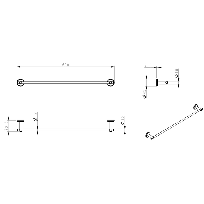 Mica Matte Black Heritage Single Towel Rail - 600mm