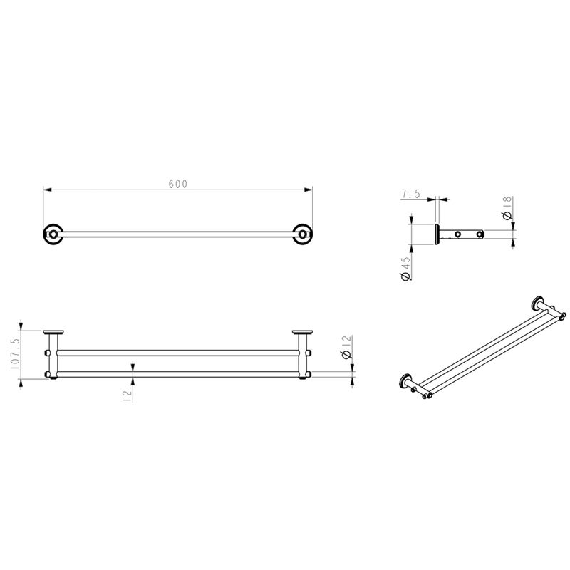 Mica Brushed Nickel Heritage Double Towel Rail - 600mm