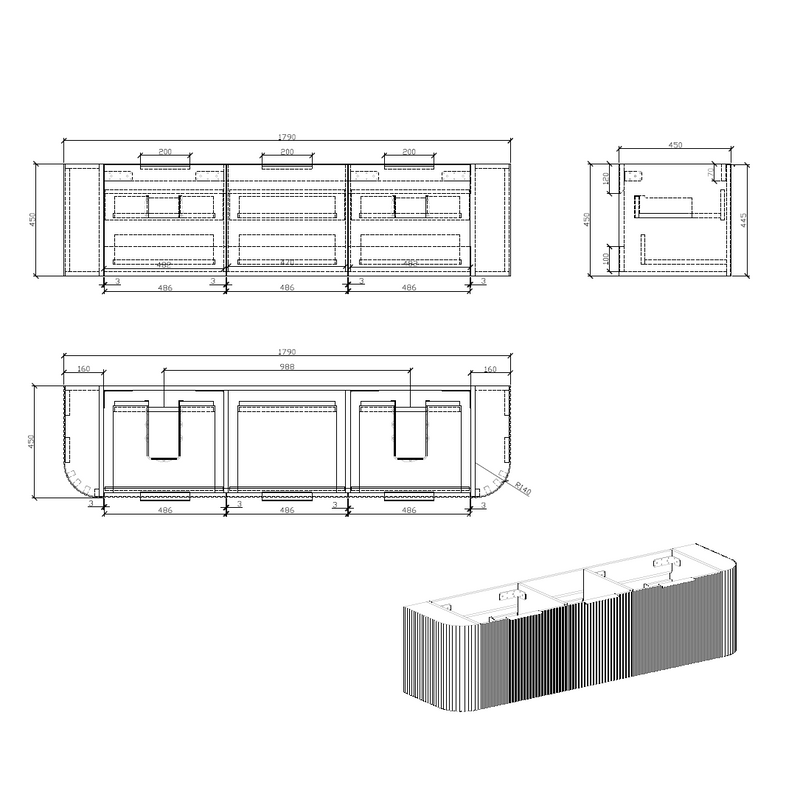 Ronda 1800 Curved Double Matte White Fluted Wall Hung Vanity