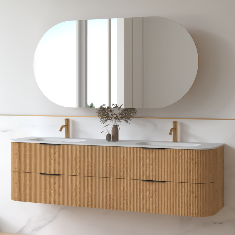 Lunara 1800 Curved Light Walnut Fluted Wall Hung Vanity