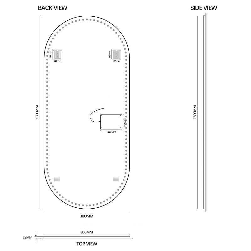 Oval 800 x 1800 LED Mirror - Three Light Temperatures - Acqua Bathrooms