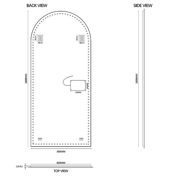 Arched 800 x 1800 LED Mirror - Three Light Temperatures - Acqua Bathrooms
