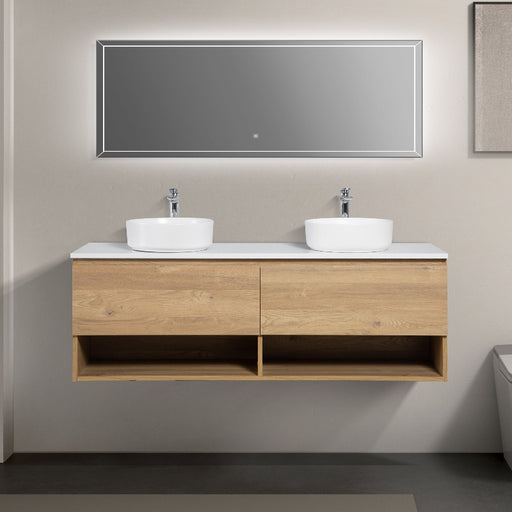 Nesta 1500 Natural Oak Double Wall Hung Vanity With Shelf - Acqua Bathrooms
